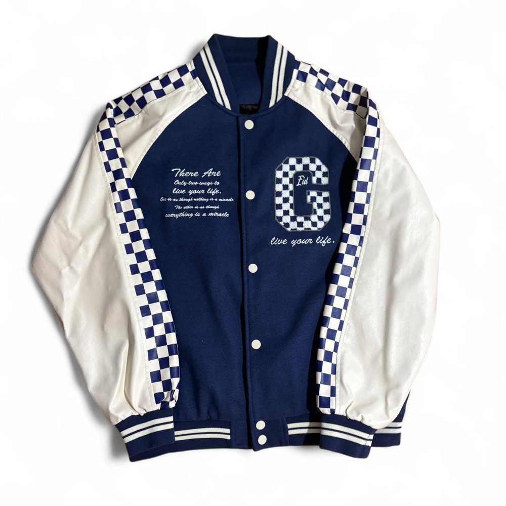Vintage Checkerboard Varsity Jacket Blue White Snap Button Bomber Mens Large